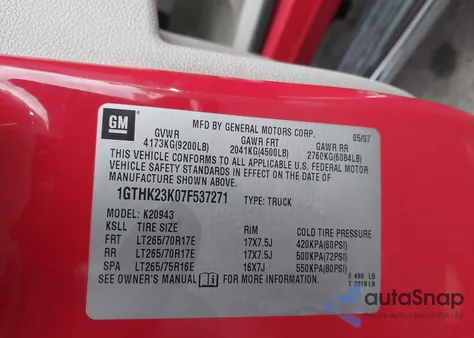 2007 GMC Sierra 2500Hd Sle2 from USA, damaged, VIN 1GTHK23K07F537271